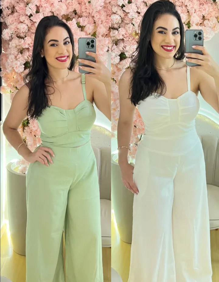Modelo em duas fotos com conjunto de cropped e calça pantalona, em verde e em off-white